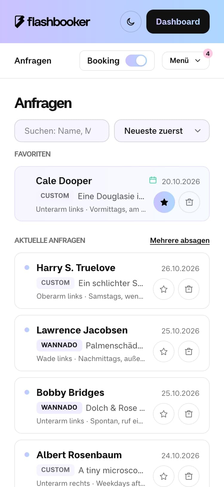 Posteingang mit Anfragen, Motiven und Favoriten