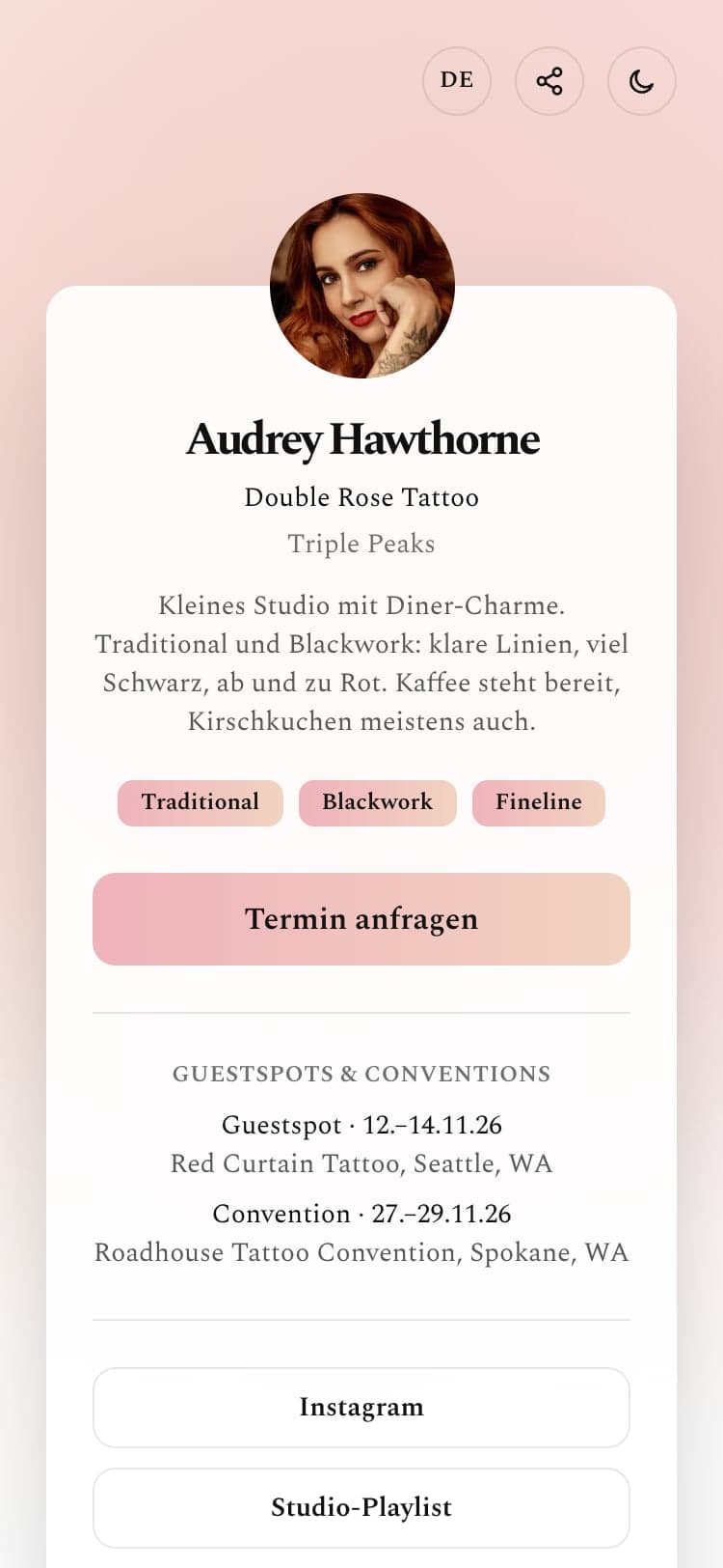 Öffentliches Profil auf dem Handy mit Bio, Stilen und Anfrage-Button