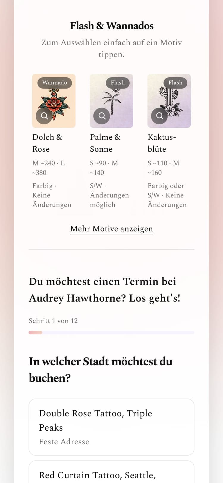 Flash und Wannados im Profil: vorbereitete Motive mit Größen und Preisen