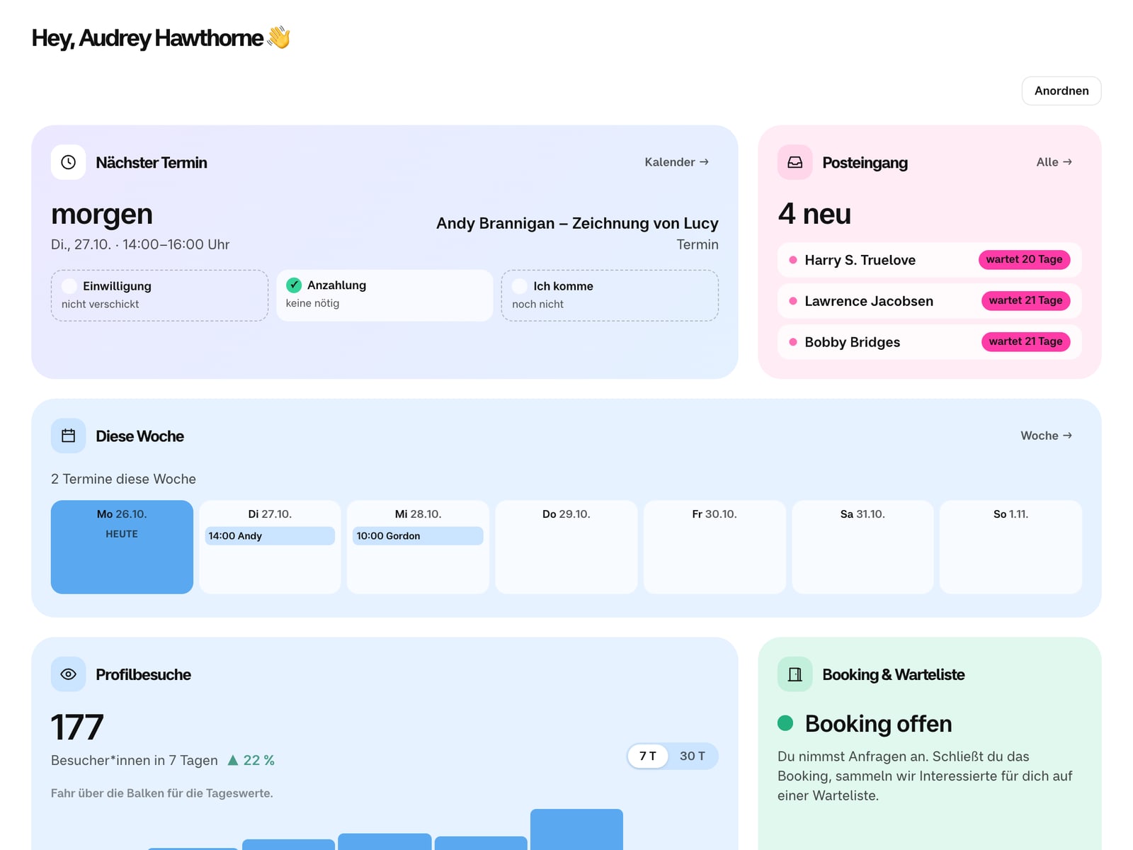 Die neue Startseite: oben „Nächster Termin“ und „Posteingang“, darunter „Diese Woche“, „Profilbesuche“ und „Booking & Warteliste“